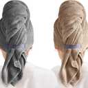 MABAO 2 Pack Microfiber Hair Towel Wrap for Women, Quick Dry Hair Turban Towel with Elastic Band, Microfiber Plopping Towel for Curly Hair, Stocking Stuffers for Women (Gray, Camel)