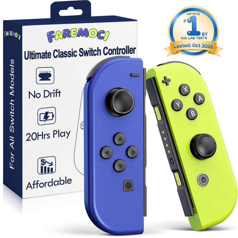 FAREMOCI Switch Controllers,Wireless Joy Remote Cons with Hall Effect Joystick No Drift Controles Compatible with Switch 1 OLED Lite,HD Rumble Gyro Motion,Wake Up,No NFC,Blue Yellow