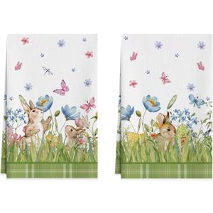 XCHI Watercolor Cute Bunny Eggs Grass Flowers Rabbits Easter Kitchen Towels Dish Towels 18x26 Inch Home Kitchen Decorations Hand Towels Set of 2 Drying Dishcloth