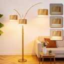 Gold Arc Floor Lamp for Living Room, Mid Century Floor Lamp with Stepless Dimmable Switch, Boho Standing Lamp with Wicker&Fabric Shade, Rattan Tall Lamp for Bedroom Over Couch Reading
