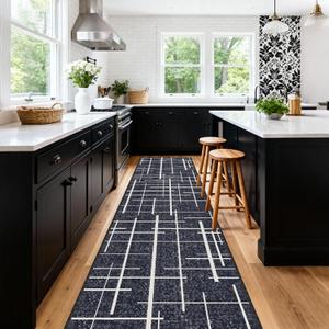 Non Slip Hallway Runner Rug 2.6x12, Modern Distressed Stripe, Washable Extra Long Rug, Woven Thin Low Pile Carpet Runners for Hallway 12ft Entryway, Kitchen, Walkway- Midnight Black