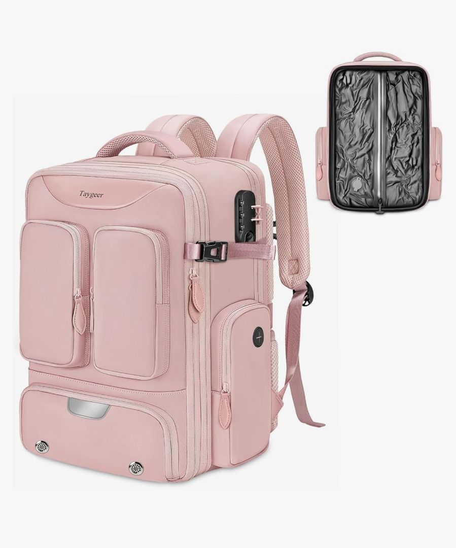 Taygeer Vacuum Backpack, Expandable Vacuum Seal Carry on Backpack with Rain Cover, 17'' laptop Compression Backpacks Travel with Shoe Compartment, TSA Approved Personal Item Compression Back Pack,Pink