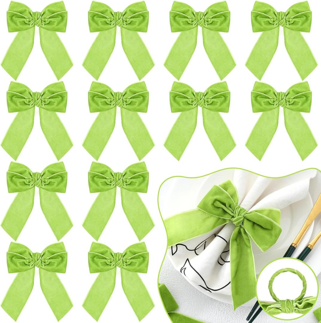 Maxdot 12 Pcs Bow Napkin Rings Valentine's Day Velvet Bow Tie Napkin Holder 4 x 4.9 Inch Serviette Buckles for Valentine's Day Weddings Birthday Party Dinner Table Decor (Green)
