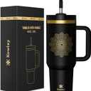 40 oz Tumbler With Handle and Straw, Gloss Insulated Travel Tumbler, Fits in Cup Holder, Travel Coffee Mug with Lid, Included Leak Proof Straw Cover -Petal Focus