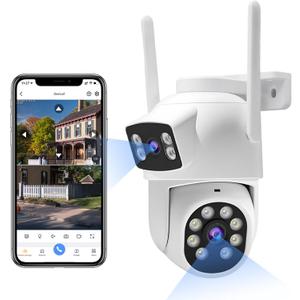 Dual-Lens Wireless Security Camera Outdoor, 2K HD 6MP View, Indoor WiFi Connection, Smart Night Vision, Ai Motion Detection and Tracking, Light and Siren Alarm, 64G SD Card (Included)