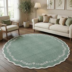 GarveeHome Round Area Rugs 6ft for Bedroom, Sage Green Washable Circle Rug Soft Non Slip Floral Print Floor Mat Leaves Carpet Indoor Thin Rug for Living Room Dining Room Playroom Nursery