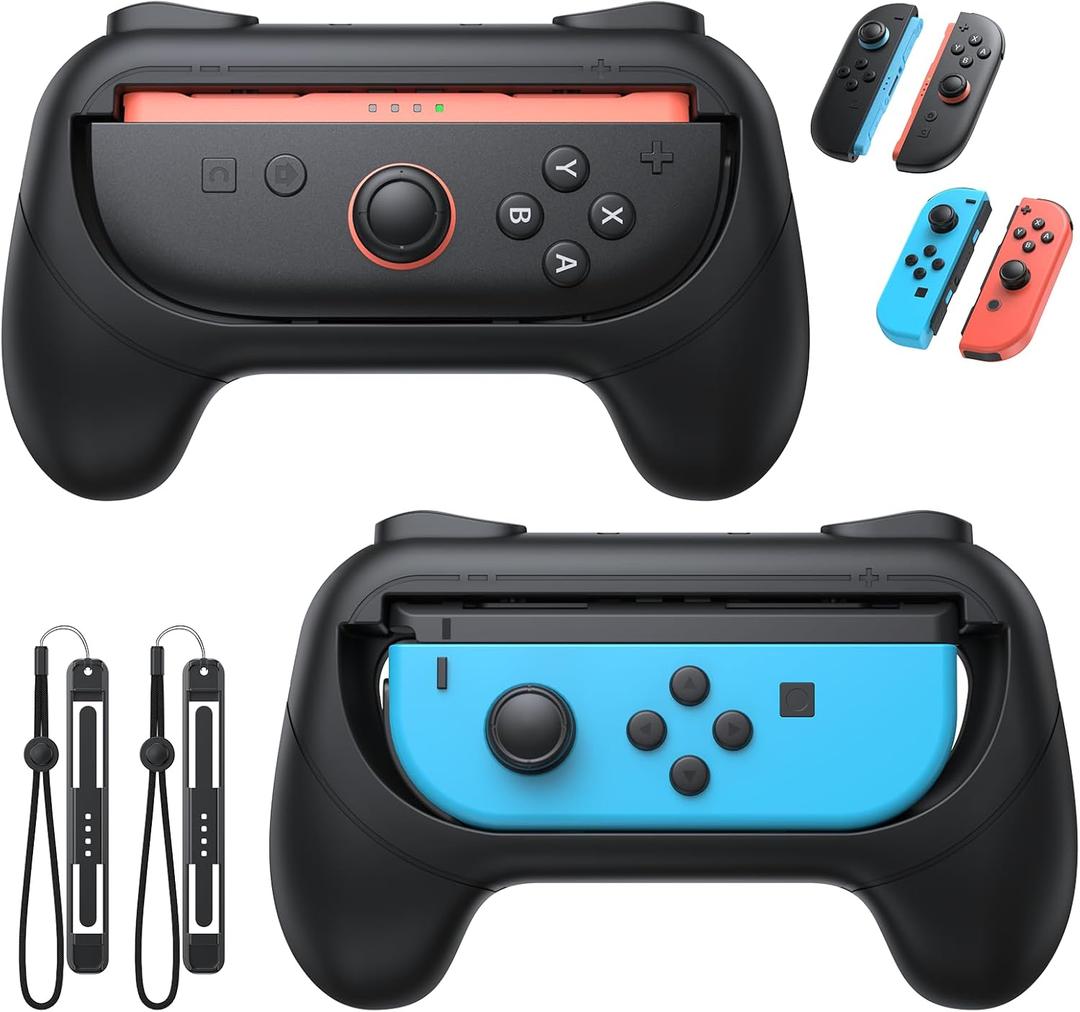 [Switch 1/2 Compatible] FASTSNAIL Grips for Nintendo Switch 2(2025)/1&OLED for Joy-Con 2, Wear-Resistant & Anti-Slip Controller Grips Handle Kit, Switch 2 Joypad Holder Accessories (Black, Black)