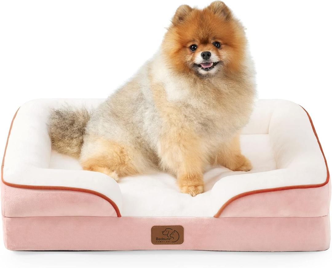 Bedsure Small Orthopedic Dog Bed - Washable Bolster Dog Sofa Beds for Small Dogs, Supportive Foam Pet Couch Bed with Removable Washable Cover, Waterproof Lining and Nonskid Bottom Couch, Pink (24.0"L x 18.0"W x 6.0"Th)
