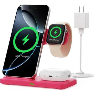 3 in1 Wireless Charger for iphoneAir17 16 15 14 13 12 11 XR 8, Apple Charging Station for AppleWatch 10/9/Ultra/8/7/SE/6/5/4 & AirPods Series, Wireless Charging Station for Multiple Devices Apple (Red)