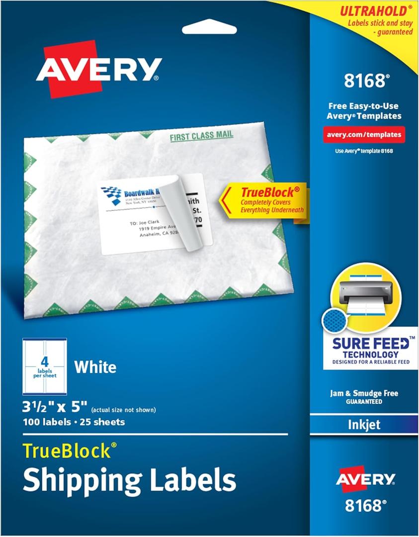 Avery Printable Shipping Labels with Sure Feed, 3.5" x 5", White, 100 Blank Mailing Labels (8168)