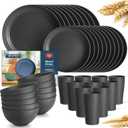 Teivio 40-Piece Kitchen Plastic Wheat Straw Dinnerware Set, Service for 10, Dinner Plates, Dessert Plate, Cereal Bowls, Cups 13.5 oz, Unbreakable Plastic Outdoor Camping Dishes, Black