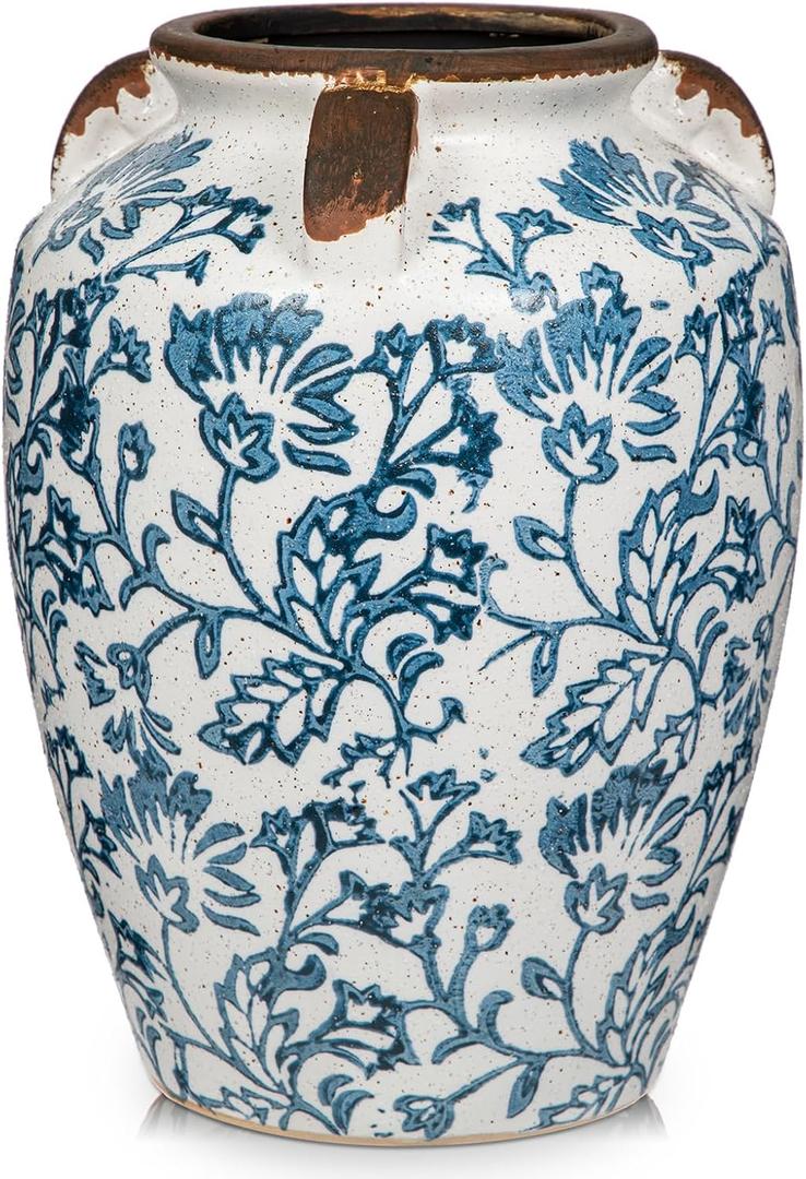 Ceramic Vintage Vase, 9.3" Rustic Blue and White Chinoiserie Floral Vase for Home Decors, Handcrafted Farmhouse Large Flower Vases for Living Room, Table, BathroomCenterpiece