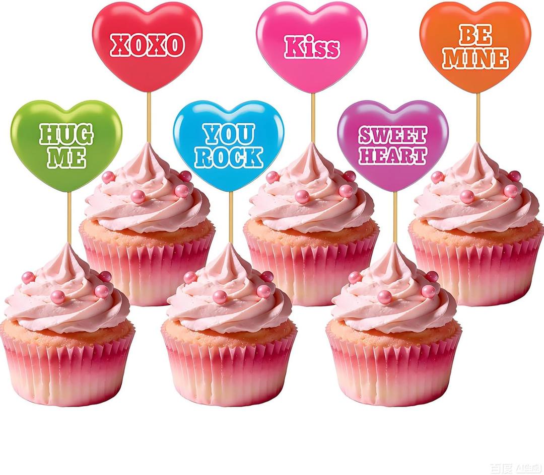 24Pcs Valentine's Day Cupcake Toppers, Colorful Heart Cupcake Picks, Sweet Party Cake Decorations for Valentine's Day, Weddings, and Proposals