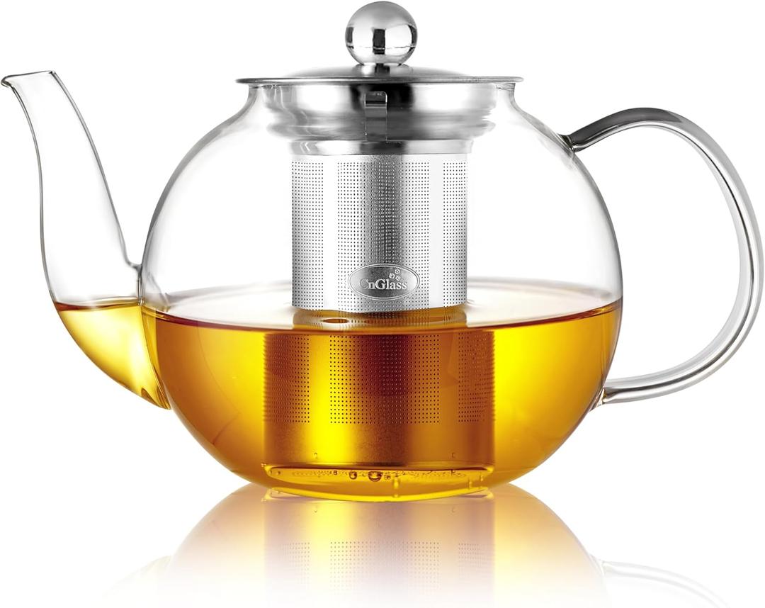 CNGLASS 40oz Glass Teapot with Removable Infuser,Clear Tea Kettle Stovetop Safe,Blooming and Loose Leaf Tea Maker Set (40.5oz/1200ml)