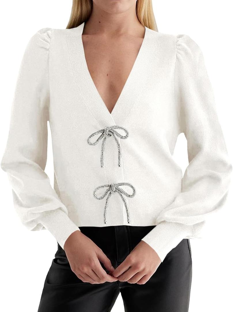 Saodimallsu Womens Bow Button Front Cardigan Sweaters V Neck Cropped Knit Sweater (Small, White)