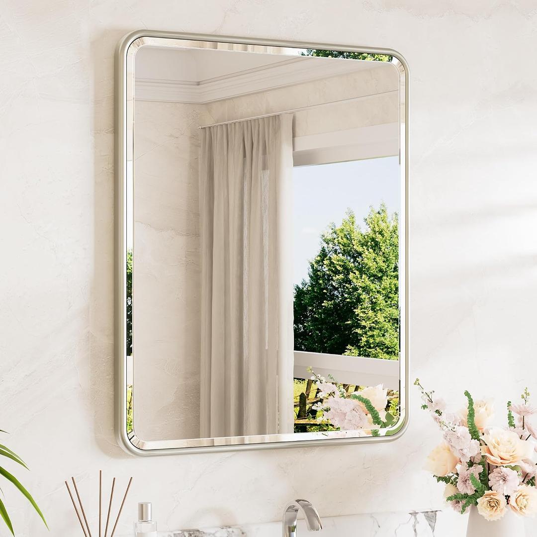 TETOTE Brushed Nickel Bathroom Mirror 24 x 30 Beveled Edge Tempered Glass, Rounded Corner Rectangle Bathroom Mirror for Over Sink for Modern Bathroom, Living Room, Bedroom, Entryway