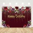 7x5ft Gold Happy Birthday Burgundy Backdrop Woman Girl Burgundy Red Purple Flowers Photo Background Dripping Beads Floral Party Decorations Cake Table Banner Supplies