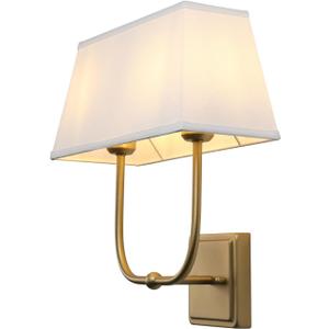 PERMO Transitional Double Sconce 2 Lights Indoor Sconce Wall Lighting with White Textile Fabric Square Shade for Bedroom Bedside Living Room (Antique Brass)