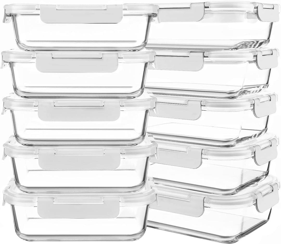 KOMUEE 10 Pack Glass Food Storage Containers, Meal Prep Containers with Lids, Airtight Glass Lunch Boxes, Freezer, Oven, and Microwave Safe, White