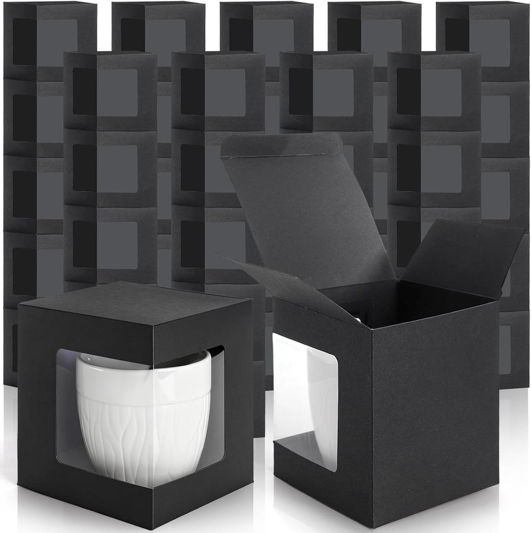 AVLA 50 Pack Mug Boxes for Gifts, Black Sublimation Mugs Packaging Box, 11oz 12oz 15oz Coffee Mugs Boxes with Window for Wrapping Birthdays Wedding Anniversaries Christmas