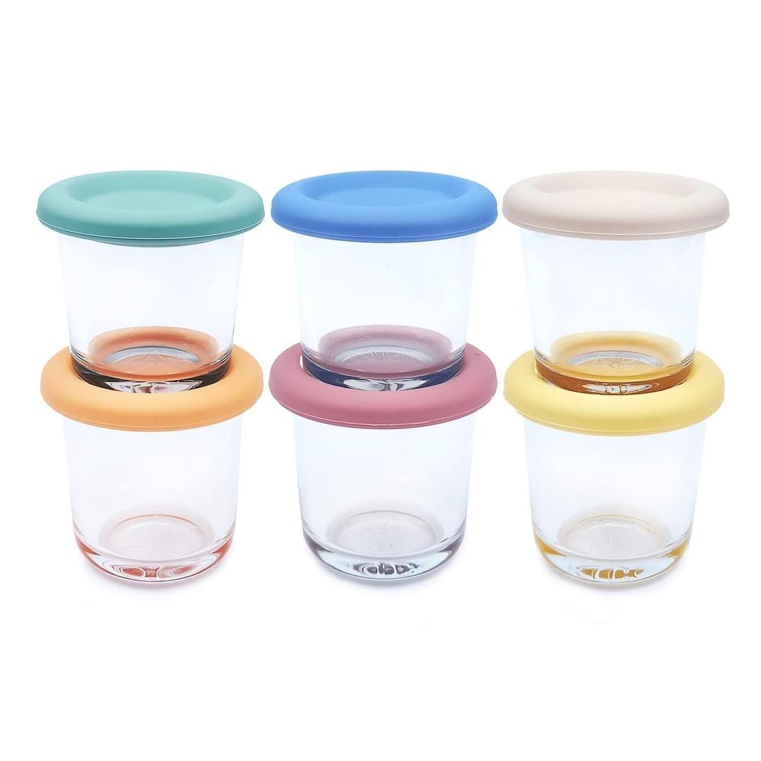 Elk and Friends 4oz Borosilicate Glass Baby Food Storage Jars with Silicone Lid | Strong Glass | Set of 6 | Microwave, Oven & Dishwasher Safe | Infant and Babies (Blush/Ivory/Peach/Gray/Sage/Misty Blue (6-pk))