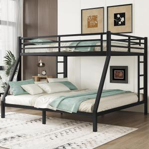 Queen Over King Bunk Bed for Adults, Teens, Queen Over King Bunk Beds with 2 Ladder and Full Length Guardrail, Heavy Buty Bunk Beds with Noise-Reducing Rubber Stoppers, Black