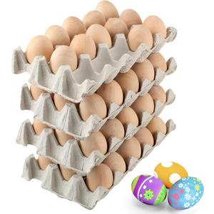 60 Pcs Unpainted Wooden Eggs, Sturdy Easter Eggs with Blank Natural Pulp Egg Cartons, Fake Eggs for Easter Egg Decorating, DIY Game, Kitchen Craft Adornment (Wood Color)