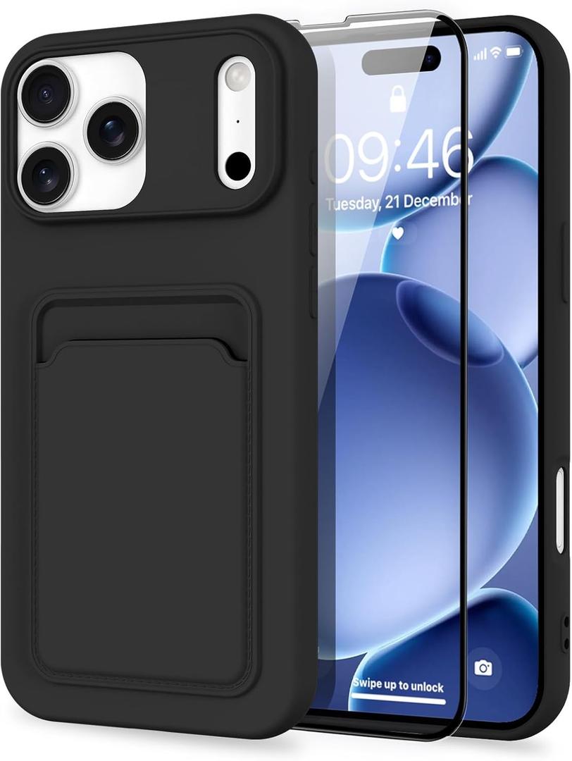 MZELQ Compatible with iPhone 17 Pro Case 2025 TPU Card Holder Wallet,Camera Protection + Screen Protector Soft Card Slot Phone Cover for Girls Women -Black