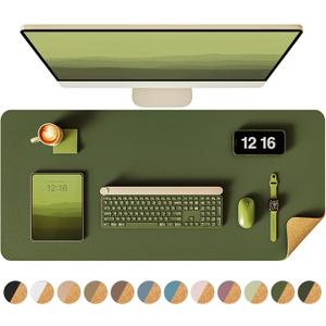YSAGi Double-Sided Desk Pad, 35.4"x17"Leather Desk Mat, Eco Cork Desk Pad Protector,Large Mouse Pad,Waterproof Desk Blotter for Office/Home(Olive Green)