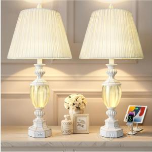 27" Rustic End Table Lamp Set of 2 with Night Light for Bedroom Living Room USB Charging Pots Farmhouse Bedside Lamp with Pleated Shade Boho Nightstand Lamps for Room Office Hotel Dorm (Bulb Included)