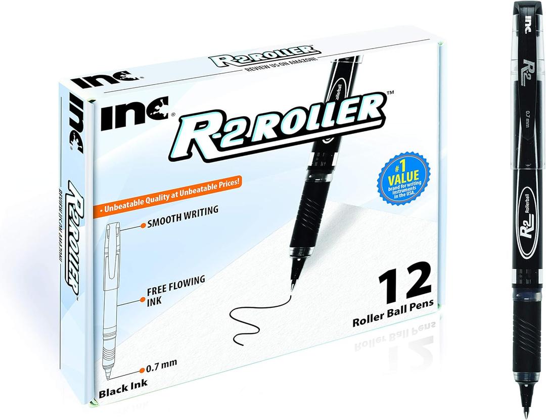 Inc. R2 Rollerball Pens - 0.7 mm Medium-Point Pen Set With Comfort Grip for School, Office, Writing, and Journaling, 12 Pack, Black Ink