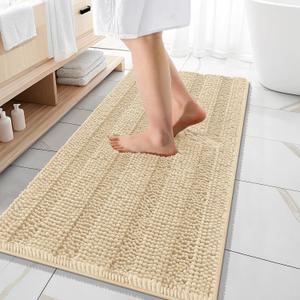 OLANLY Thick Bathroom Rugs 47x20, Extra Soft Absorbent Chenille Striped Bath Rugs, Rubber Backing, Machine Wash Dry, Bath Mats for Bathroom Floor, Tub and Shower, Home Decor Accessories, Beige