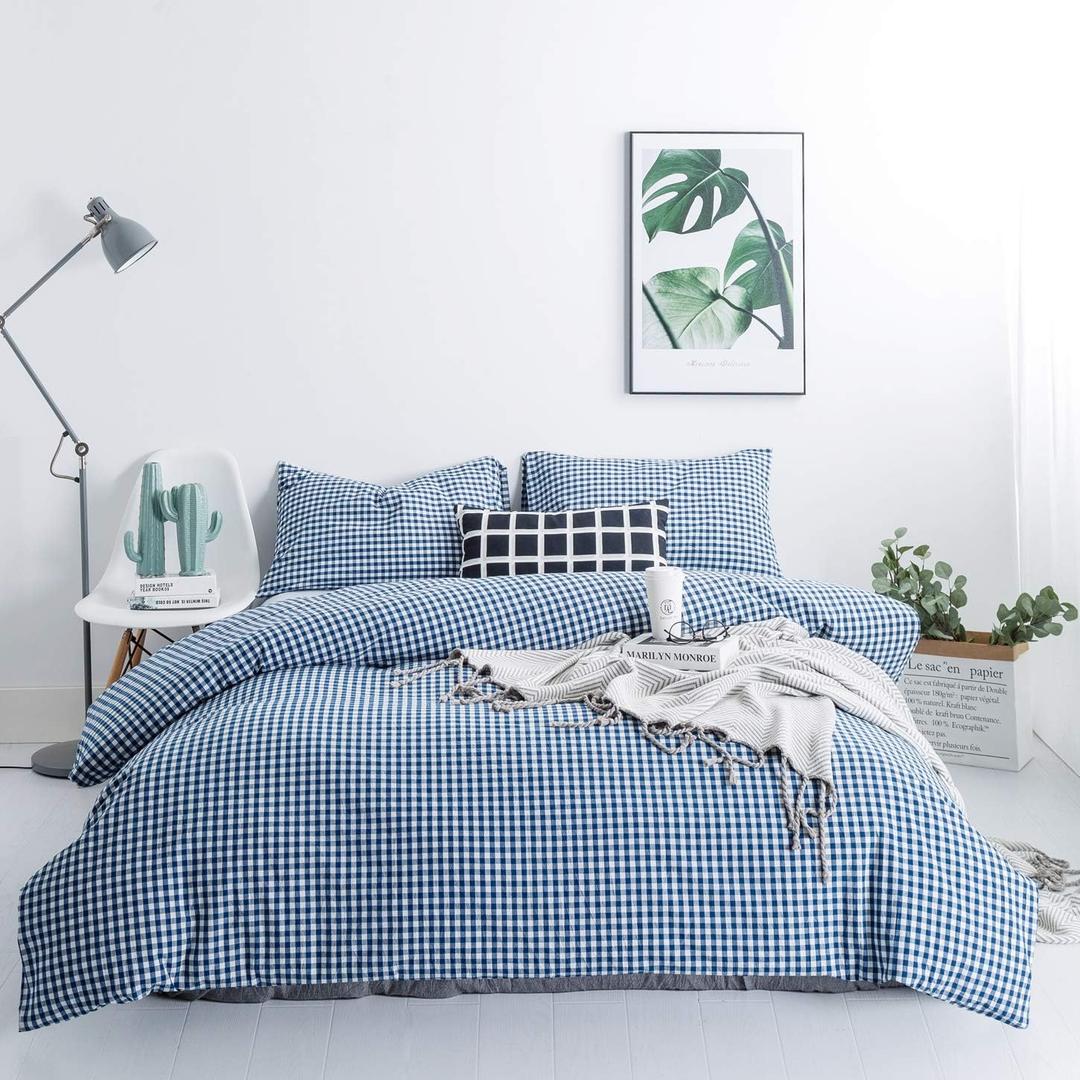 SUSYBAO Royal Blue Gingham Duvet Cover Queen 100% Washed Cotton 3 Pieces Set 1 Blue Plaid Duvet Cover with Zipper Ties 2 Pillowcases Soft Blue Grid Farmhouse Bedding Set