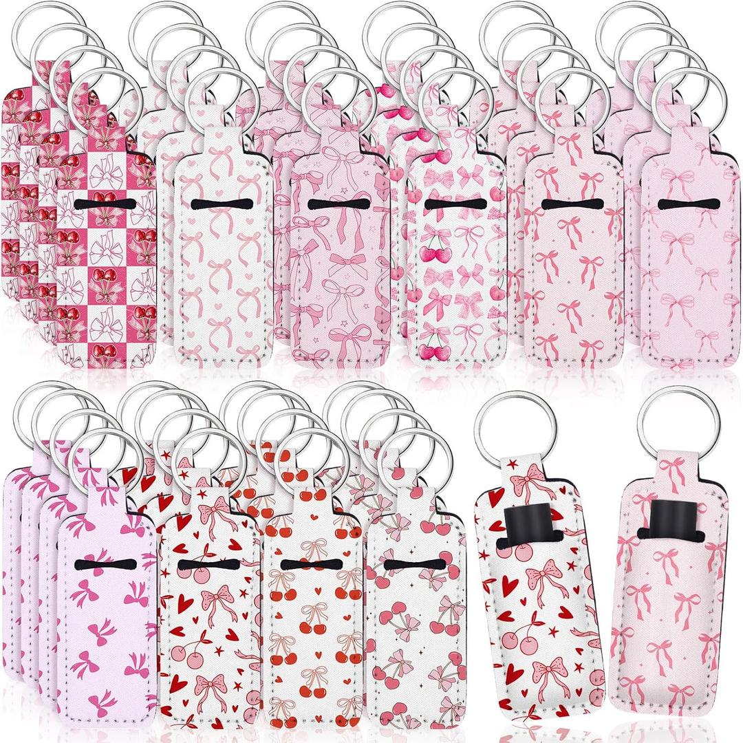 Quelay 40 Pcs Pink Lipstick Holder Keychain Bulk Preppy Bow Lip Gloss Sleeve Lip Balm Holder Gifts for Women