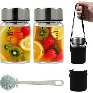 2 x Borosilicate Glass Juice Water Bottles 2 Pack 10 OZ,Wide Mouth Glass Water Bottles with Lids and Sleeve,for Juicing, Smoothies, Milk, Protein, Reusable, Leak Proof, Shaker bottle
