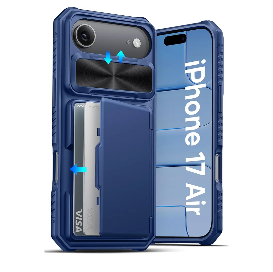 ATATOO for iPhone Air Wallet Case, Built-in Card Holder (3-5 Cards) & Slide Camera Cover & RFID Blocking, Military Grade Protection, Hard Shockproof Cover Case for iPhone Air (17Air) 2025 6.5", Blue