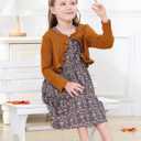 Kid Toddler Girl Fall Dress+Cardigan 2 Piece Floral/Plaid Sleeveless Dress and Cardigan Set 2-14Y (Brown)