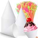 Eaasty 100 Pcs Snow Cone Cups and Straws - 4.5 oz Disposable Cone Paper Cups with Spoon Straws for Slush, Shaved Ice, Cream, Sorbet, Water (White)