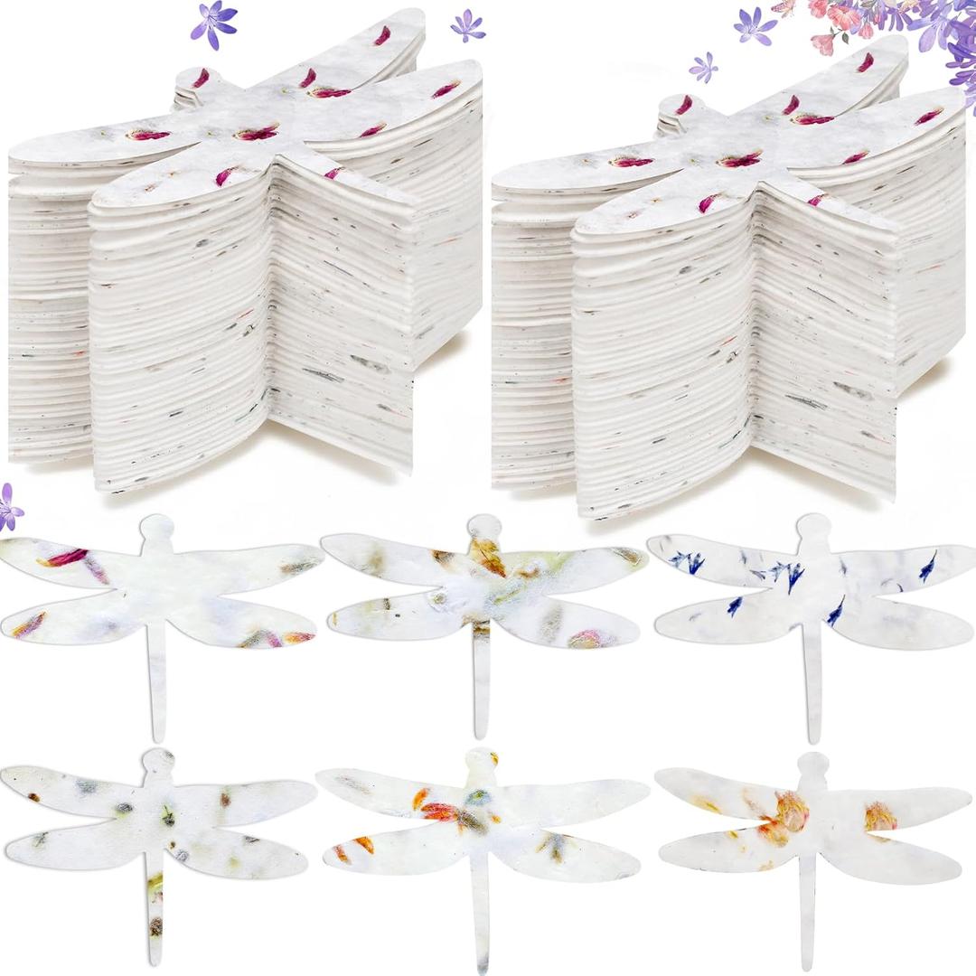50 Pcs Handmade Seed Paper Plantable Wildflower Seed Paper Recycled Flower Petals Tags Wedding Favors for Guests Craft Gifts Cards for Envelope Birthday Party, 5 Styles (Dragonfly Shape)