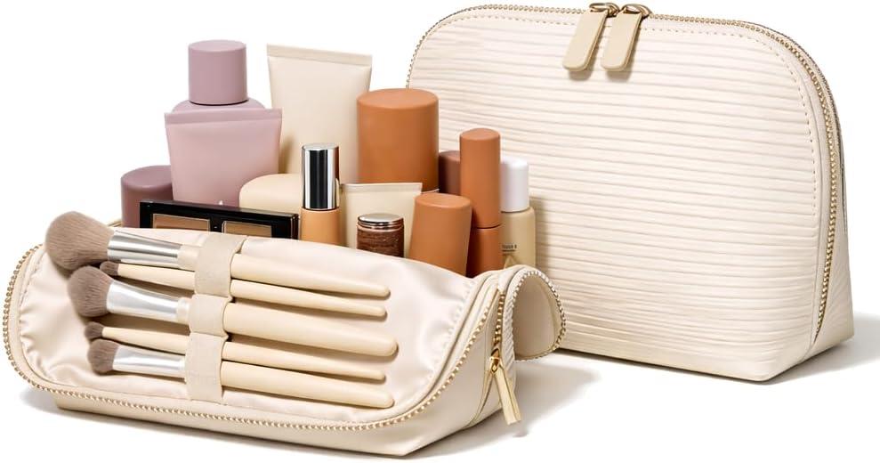 APT 1101 Large Standing Foldable Makeup Bag for Travel, Vertical Folding Down Design, Organized Cosmetic & Skincare Bag for 24 Week Trips (Oatmeal)