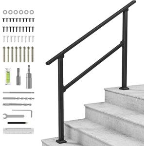 LuckIn 4-Step Handrail for Outdoor Steps, Porch Railing Outdoor, Wrought Iron Handrail for 3 to 4 Steps, for Concrete Steps and Wooden Stairs, Easy Installation & Adjustable Height, Black