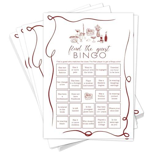 Bridal Shower Bingo Games Cards-Find The Guest Bingo, Red Theme Wedding Game Activity for 25 Guests, Bachelorette Engagement Party Supplies, 25 Cards -B19