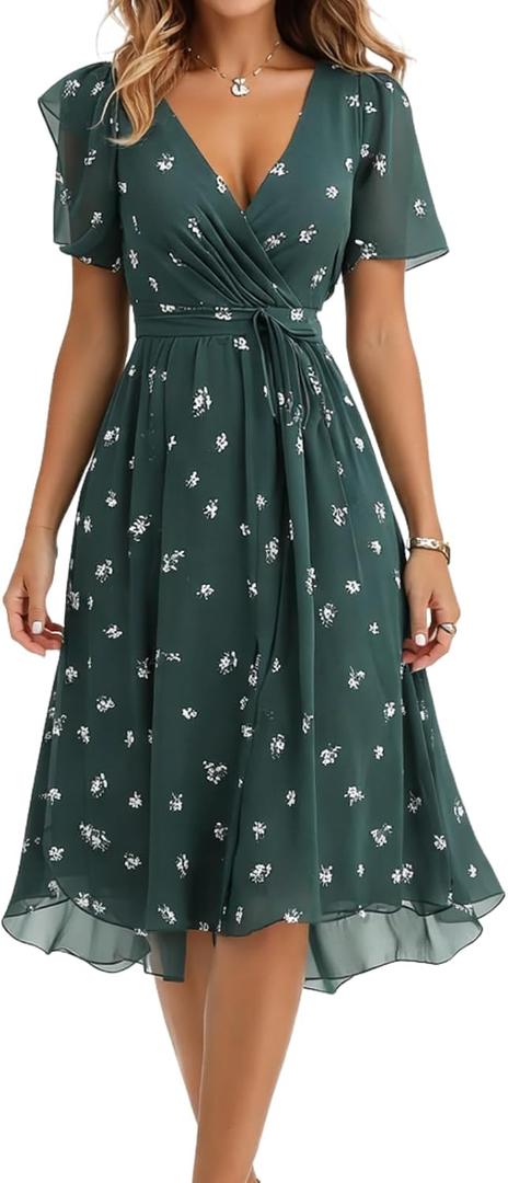 Summer Dresses for Women 2026 Floral Chiffon Dress Casual Short Sleeve Empire Waist Midi Dress Beach Vacation Outfits (Green, XL)