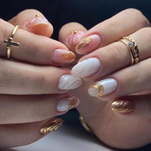 2 x MERVF Oval Press on Nails Medium Fake Nail White Gold 3D Shell Round Glue ons Nail Glitter Acrylic False Supplies Art DIY Glossy 24pcs