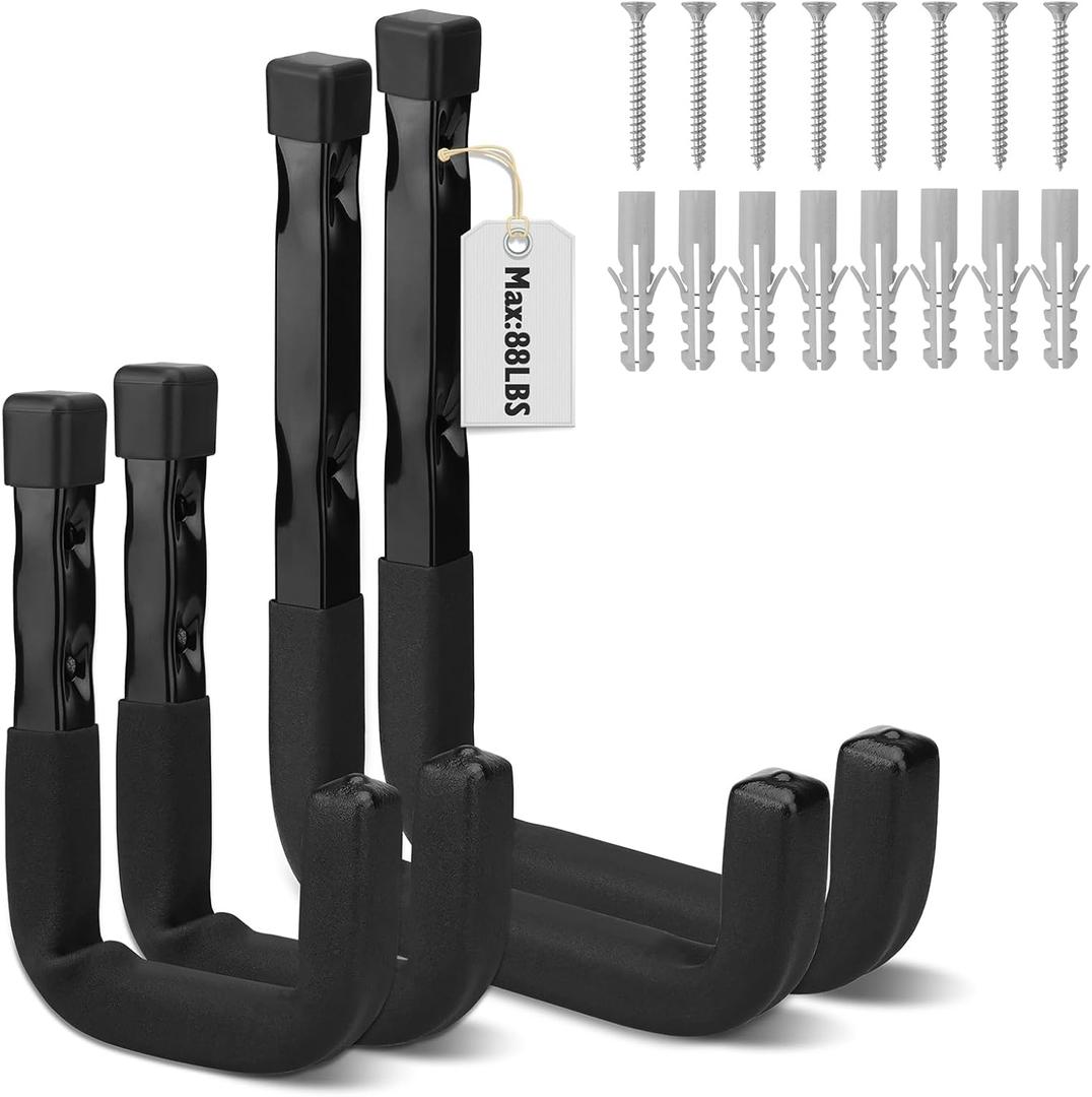 SEDY 4-Piece Heavy Duty Garage Storage Hooks, 6" & 3" Wall Mount J Utility Hooks Holds 88 LB, Large Metal Utility Hook, Garage Storage Ladders Hook for Bikes, Garden Tools