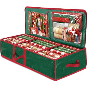 ZOBER Gift Wrapping Paper Organizer Storage - 40" Gift Wrap Storage Containers with Interior Pockets for Bows, Tags & Ribbons - Wrapping Paper Holder, Waterproof, Fits 24 Standard Rolls, Green