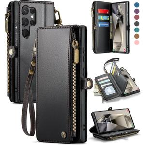 Defencase Compatible with Samsung Galaxy S23 Ultra Case Wallet with RFID Blocking Card Holder for Women Men, PU Leather Magnetic Snap Flip Zipper Strap Phone Case Fit for Galaxy S23 Ultra 5G, Black