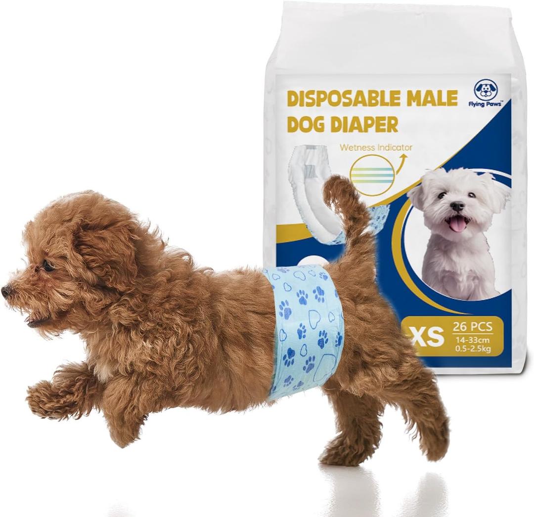 Male Dog Diapers with Wetness Indicator, Disposable Belly Band for Puppy Male Diapers, Doggie Wraps for Puppy Training, Incontinence (XS, 26 Count)