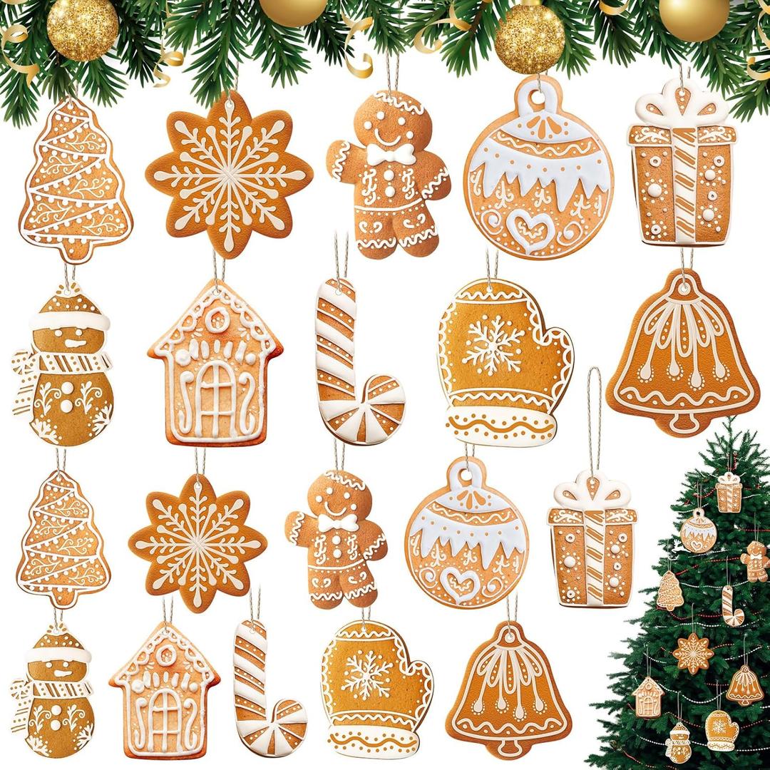 Geelin 40 Pcs Christmas Gingerbread Ornaments Small Wooden Cookies Baking Theme Christmas Tree Hanging Gingerbread Ornaments Pie Decoration for Xmas Tree Festive Season Holiday Party(Classic)