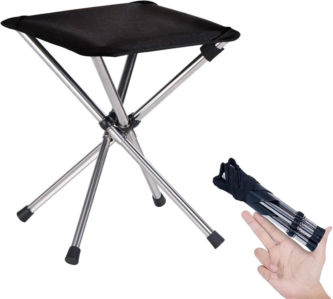 Portable Stool, 13.8 Inch High & 1.32 lbs Small Folding Chair, Telescopic Compact Foldable Stool with Carry Bag for Camping, Hiking, Outdoor Concert (Black)